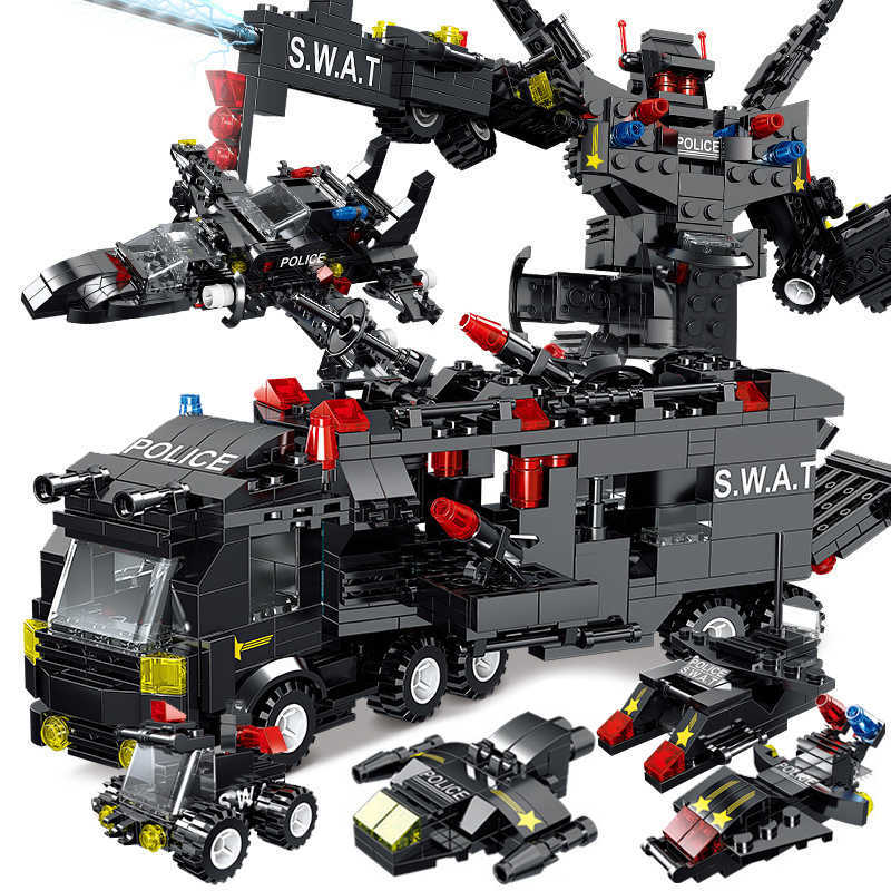 

8IN3 SWAT City Police Station Building Blocks Playmobiled City Car Truck Creative Bricks Toys For Children Boys Gifts X0902