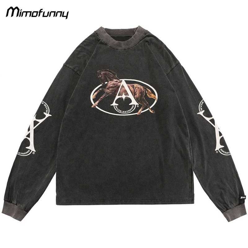 

Sweatshirt Men Brown Horse Punk Letter Print Pullover Hoodie Autumn CasuaL Baggy Retro Hipster High Street Distressed Streetwear, Dark gray