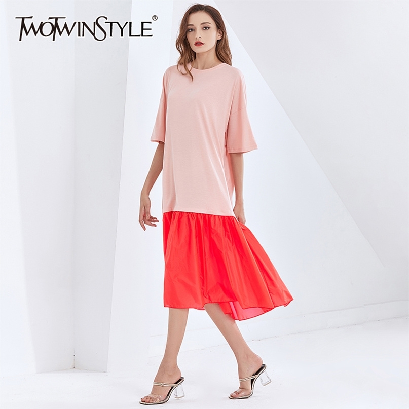 

Patchwork Hit Color Dress For Women O Neck Short Sleeve Casual Loose Dresses Female Summer Fashion Style 210520, Green
