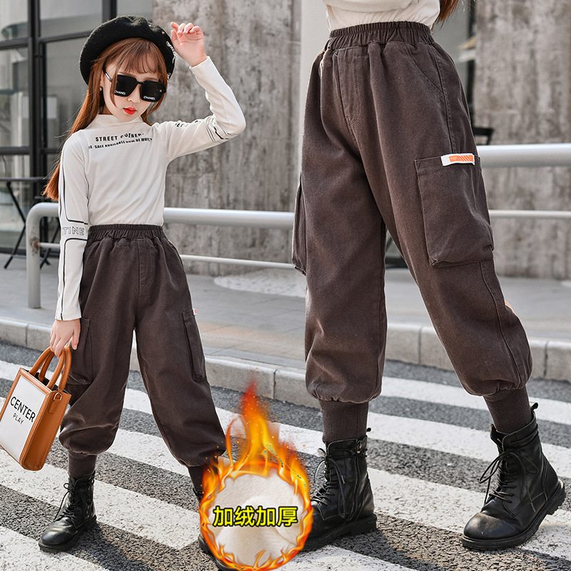 

Plus velvet thick pants winter Korean girls labor wearing pants 2020 new big pocket beam pants tide, Blue