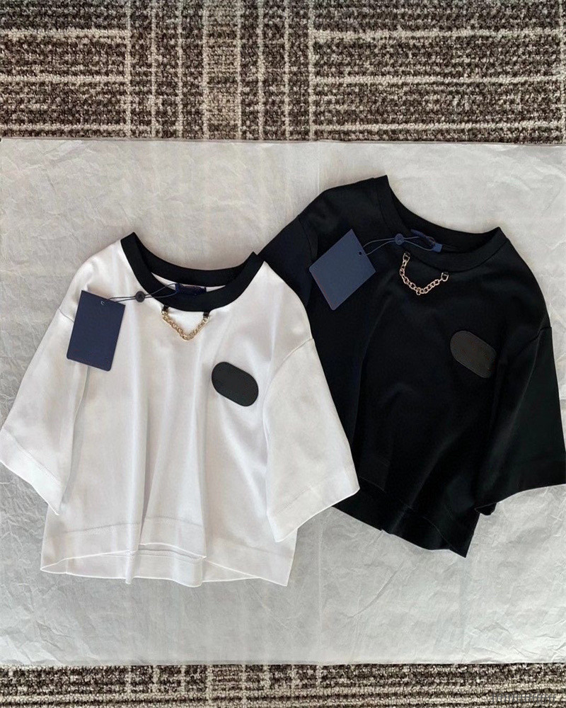 

Women' Cotton T Shirt Front Letter Classic Short Blouse Crop Top Sleeve Round Leather Letter Shirt Black and White, Extra shipping cost