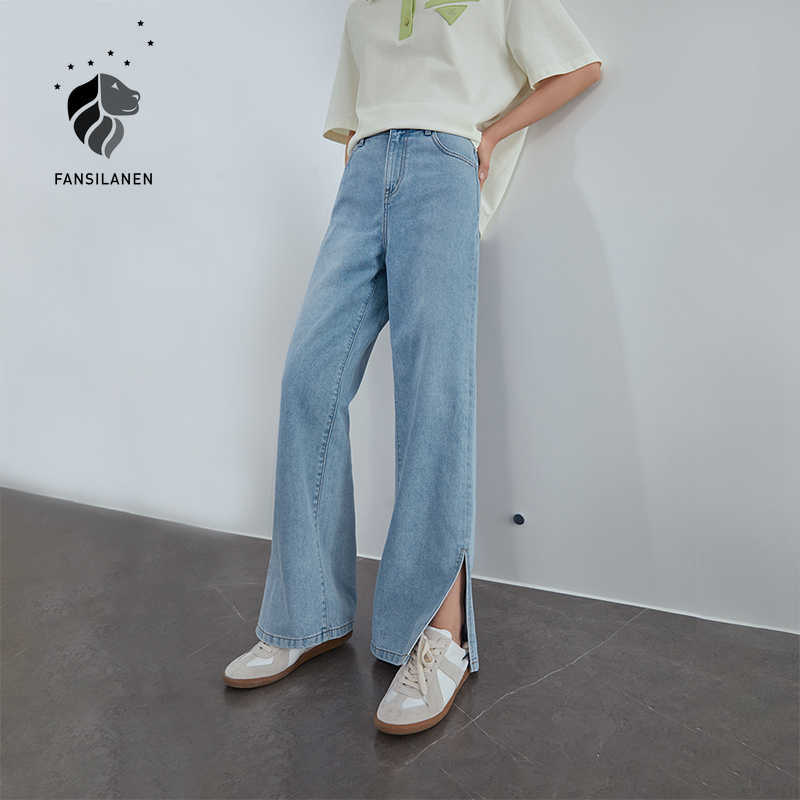 

FANSILANEN Casual side split wide leg jeans Women loose blue high waist oversize Summer female vintage denim pants 210607