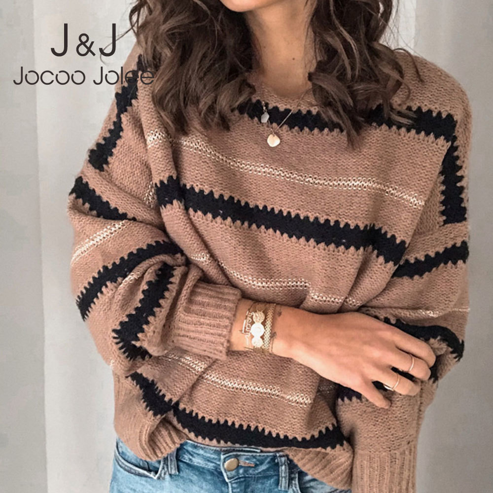 

Jocoo Jolee Harajuku Loose Sweater Vintage Batwing Sleeve Striped Knitted Jumpers Casual Office Lady Knitting Tops Elegant Cloth 210518, As photo