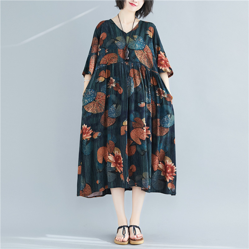

Johnature Women Vintage Dresses Loose Print Floral High Waist Cotton Blend Summer V-Neck Women Casual Dresses 210521, Multi