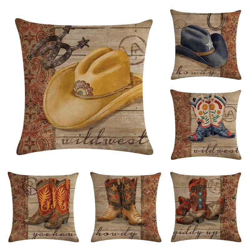

45*45cm Cowboy Shoes Hat Pattern Cotton Linen Throw Pillow Cushion Cover Home Decoration Sofa Bed Decor Decorative Pillowcase Cushion/Decora