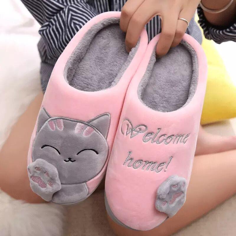 

Women Winter Home Slippers Cartoon Cat Shoes Non-Slip Soft Warm House Indoor Bedroom Lovers Couples Floor, Black