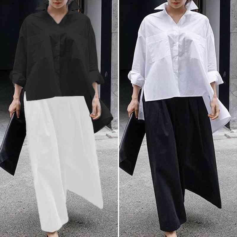 

elegant party spring lapel neck shirts summer beach female asymmetrical blouse casual blusas oversized, White