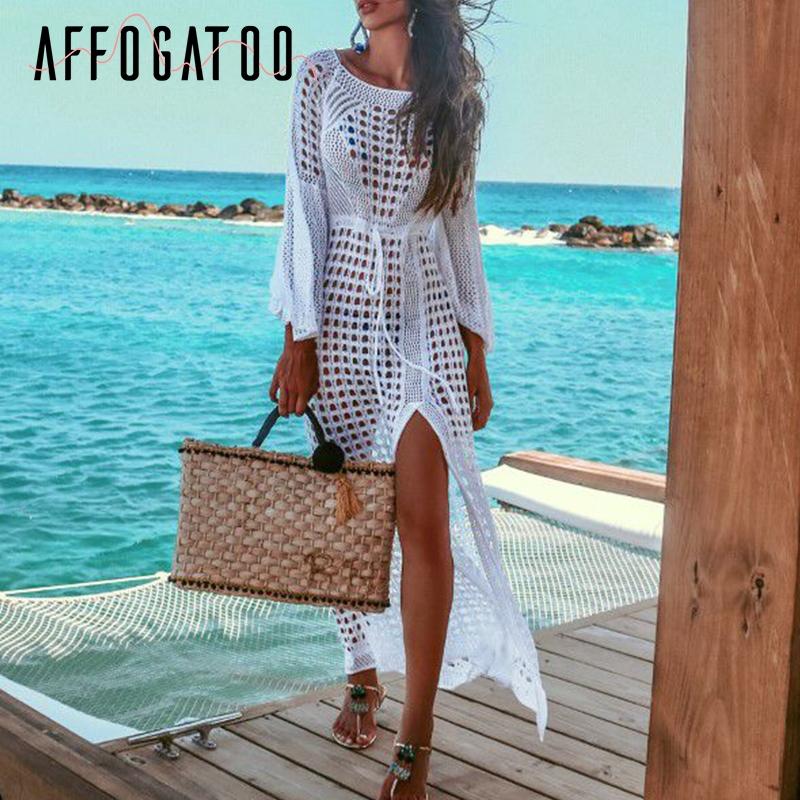 

Casual Dresses Affogatoo Sexy Hollow Out Crochet Beach Dress Women Summer Wear Cover Up Knitted Long Sleeve Holiday White Vestidos