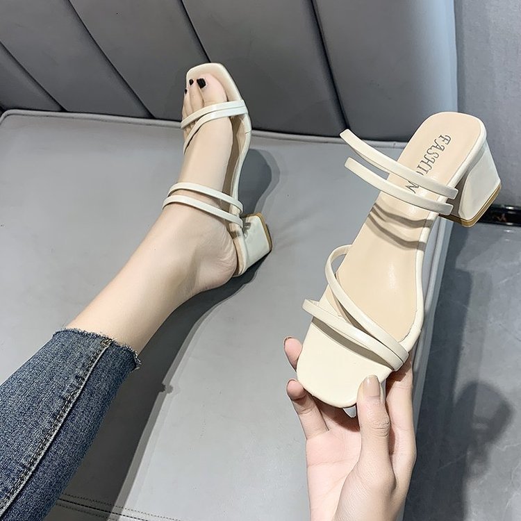 

Sandals 2021 Women Heels Pumps Slides Summer Flip Flops Narrow Band Sandal Elegant Mule Shoes Slipper Pantuflas De Mujer 65CI, Beige