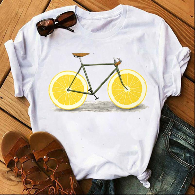 

bicycle with lemon casual kawaii womens t shirts 90s graphic summer white short sleeve tee femme