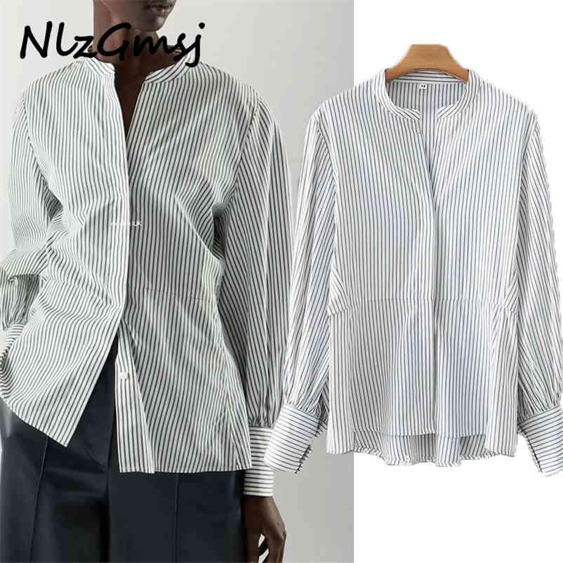 

Blouse Women Collect Waist Striped Shirt Long Sleeve Female Top Single Breasted O-neck s 03 210628, As picture