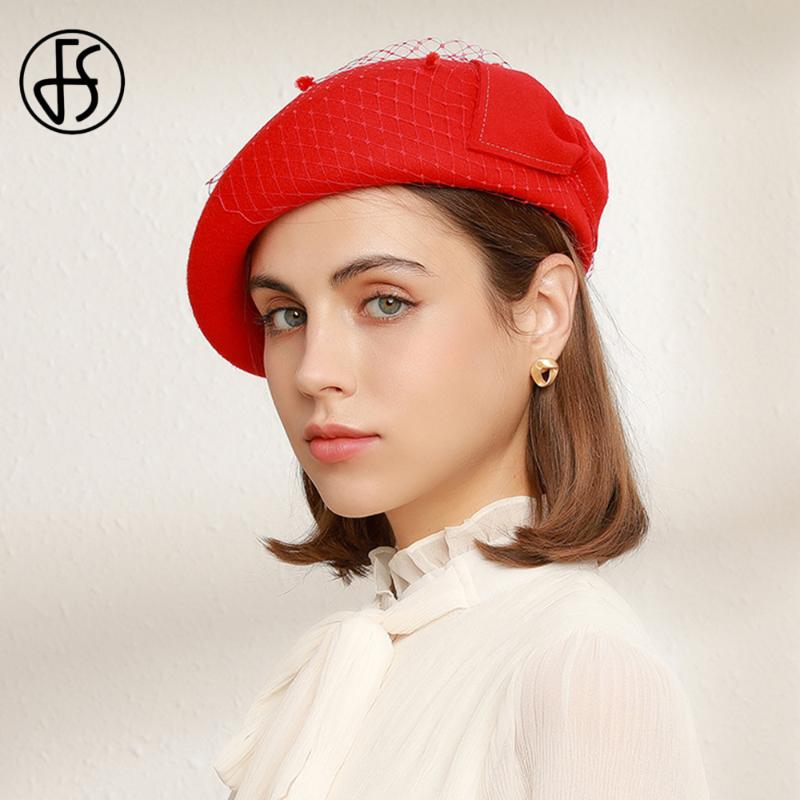 

Berets FS Elegant 100% Wool Women For Autumn Winter Hat Vintage Sweet Girls Hats Beret Femme Female Warm Cap With Veils Bowknot, Black