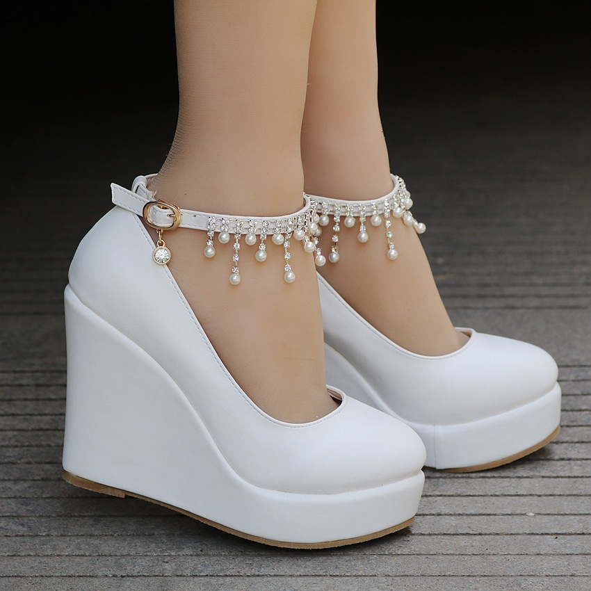 

Sandals 2021 spring beaded chain wedge high heel single shoes female shallow mouth large size banquet bride bridesmaid wedding 0CC, Dark grey