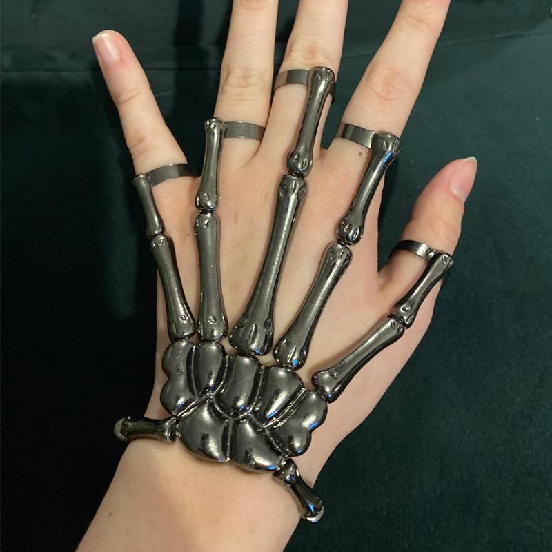 

Charm Bracelets 2022 Punk Hand Skull Skeleton Halloween Bracelet For Men Gothic Elasticity Adjustable Bangles Femme Party Accessories, Golden;silver