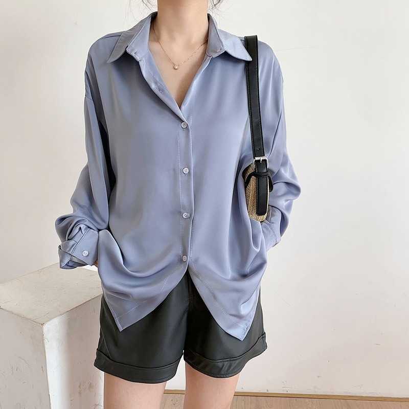 

Spring Solid Color Satin Shirt Women's Design Sense Long Sleeve Loose Black White Top and Blouse Female Cardigan 210607, Grey green