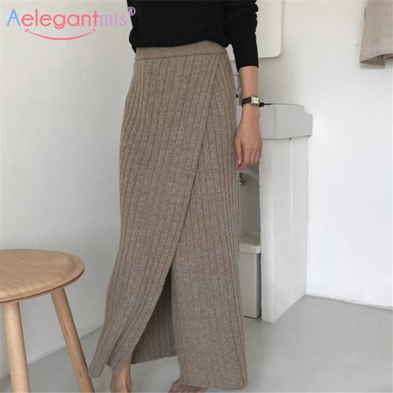 

Aeleagantmis Korean Fashion Split Vintage Solid Ribbed Skirt Women Elegant Soft Warm Simple Female Knitted Mid-length Chic 210607, Khaki
