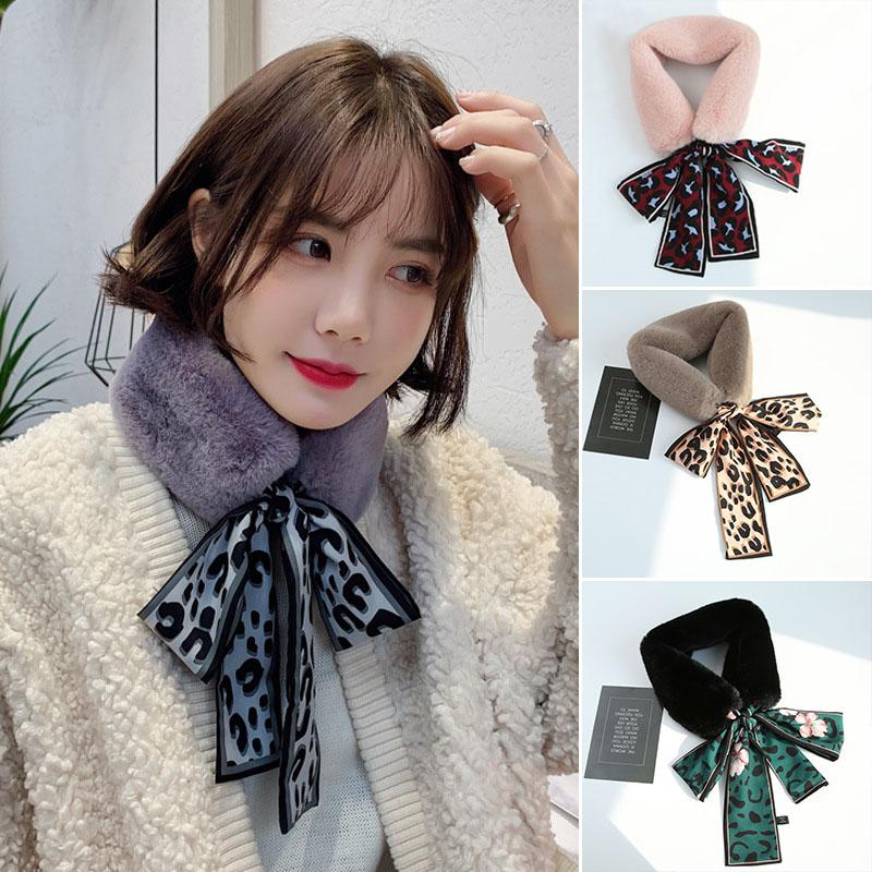 

Scarves Winter Warm Scaf Fashion Women Thicken Faux Fur Collar Female Plush Leopard Bow Neck Warmer Shawl Wrap, Blue;gray