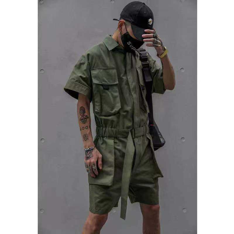 

Summer Cargo Shorts Jumpsuit Set Loose Tracksuit Short Sleeve Playsuit Cool Jump Suit Men Gothic Overalls Streetwear Men Clothes X0909