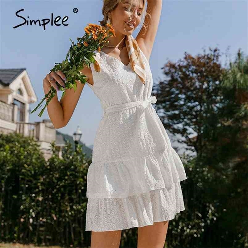 

Casual solid white women embroidery sash bud dress female V-neck sleeveless mini ruffle Holiday es summer 210701, Black