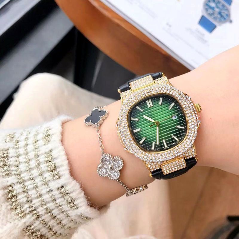 

2021 Womens Analog Quartz Watch with Gold-Tone Case Ladies rhinestone-Inset Bezel Watches luxury brand montre de luxe Leather women wristwat, Slivery;brown
