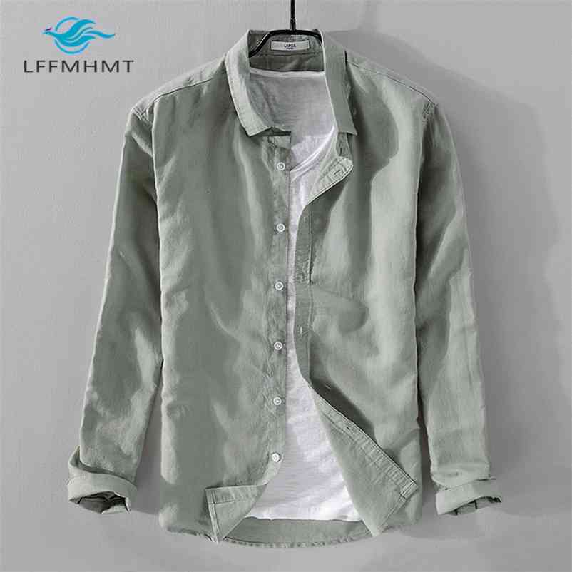 

Men Spring And Autumn Japan Style Vintage Solid Color Cotton Linen Long Sleeve Shirt Male Casual Slim Fit White Shirts Cloth 210708, Gray