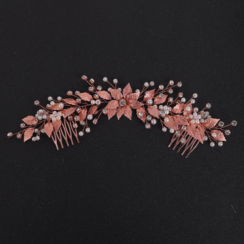 

Headpieces Rose Gold Leaves Wedding Headband Rhinestone Pearl Women Accessories Hair Comb For Bride Flowers Jewelry Decoration