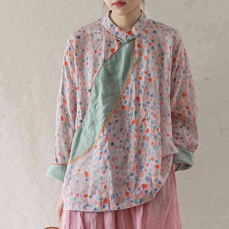 

Johnature Women Chinese Style Shirts And Tops Ramie Summer Stand Blouses Print Floral High Quality Vintage Female Shirt 210521, Mixed color
