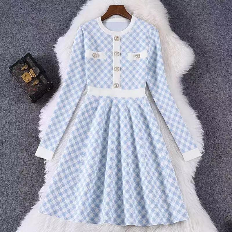 

Casual Dresses JSXDHK Fashion Women Knitted Sweater Dress Plus Size Hit Color Blue White Plaid Long Sleeve Button Up Female Vestido