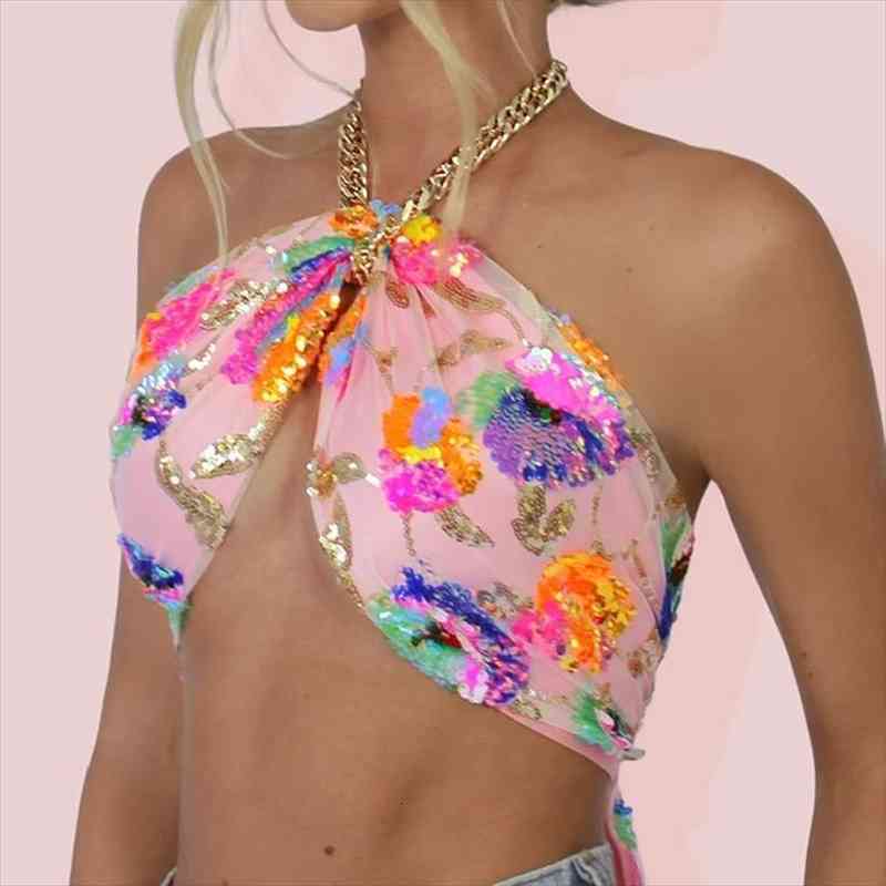 

women summer tank sequined chain halter-neck sleeveless backless knotted crop for girls white pink