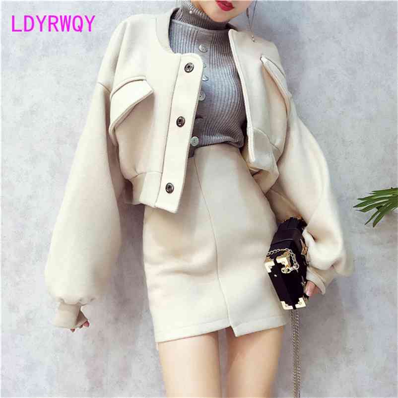 

autumn and winter fashion suit tweed short jacket high waist skirt small two piece set Office Lady Pullover 210603, Beige