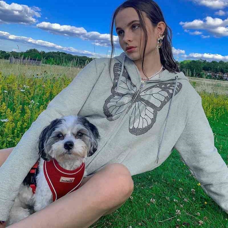 

Autumn and winter 2021 fashion women' new casual top butterfly hot diamond printed long sleeve Hooded Sweater, Khaki