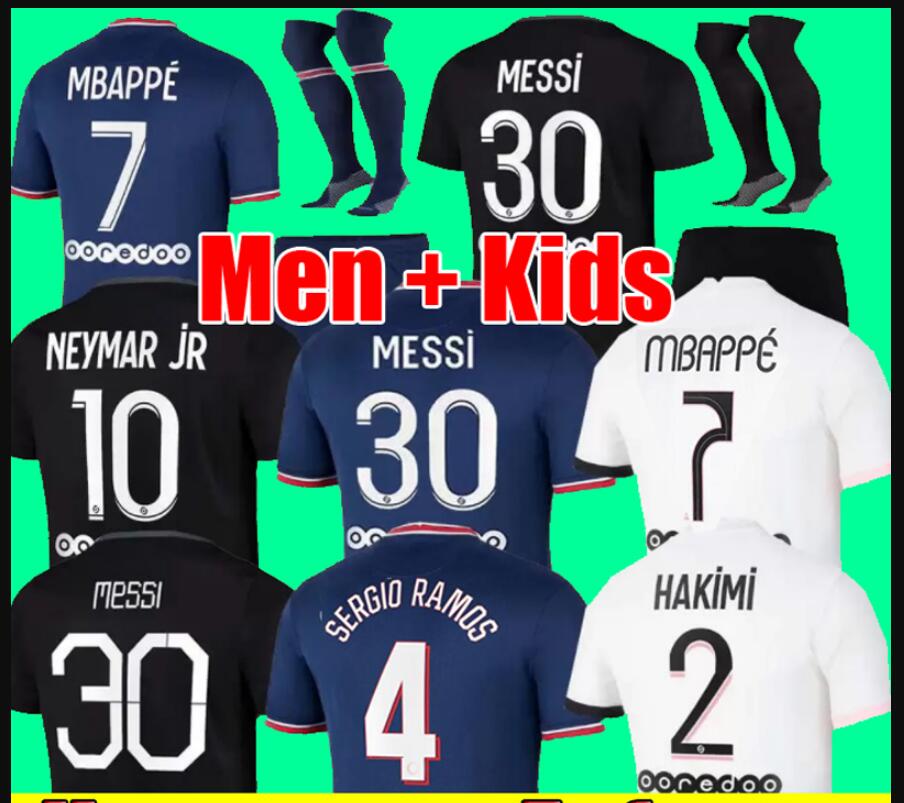 

MESSI 30 MBAPPE HAKIMI SERGIO RAMOS WIJNALDUM psGS soccer jerseys 21 22 Maillots football shirt 2021 2022 men + kids kit set with socks unif, 21-22 3rd kids