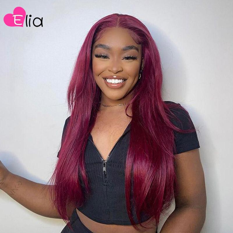 

Lace Wigs Elia Burgundy Colored Straight Frontal Wig Human Hair For Black Women Brazilian Transparent Pre Plucked, Natural color