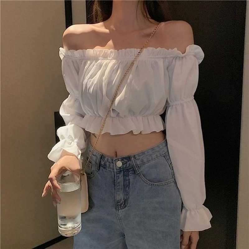 

Spring Blouse One-word Shoulder Chiffon Solid Cotton Tops Female Elegant Casual Tops for Women Slim White Shirt Black 14315 210527