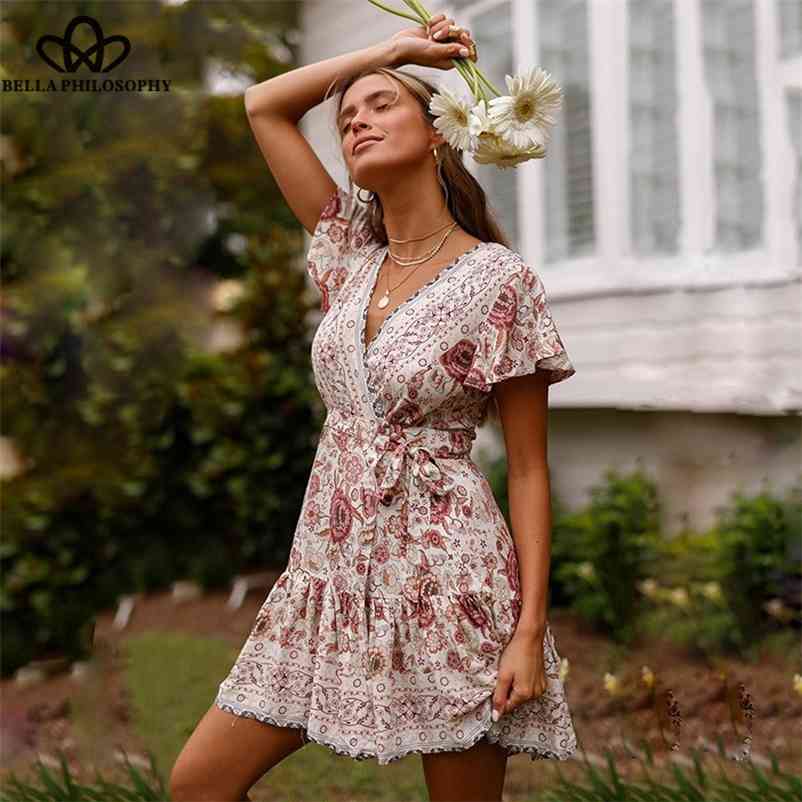 

Summer Flare Sleeve Boho Dress Vintage Lace-Up Female Holiday Beach Print Floral Lady Sexy Mini 210519, Pk