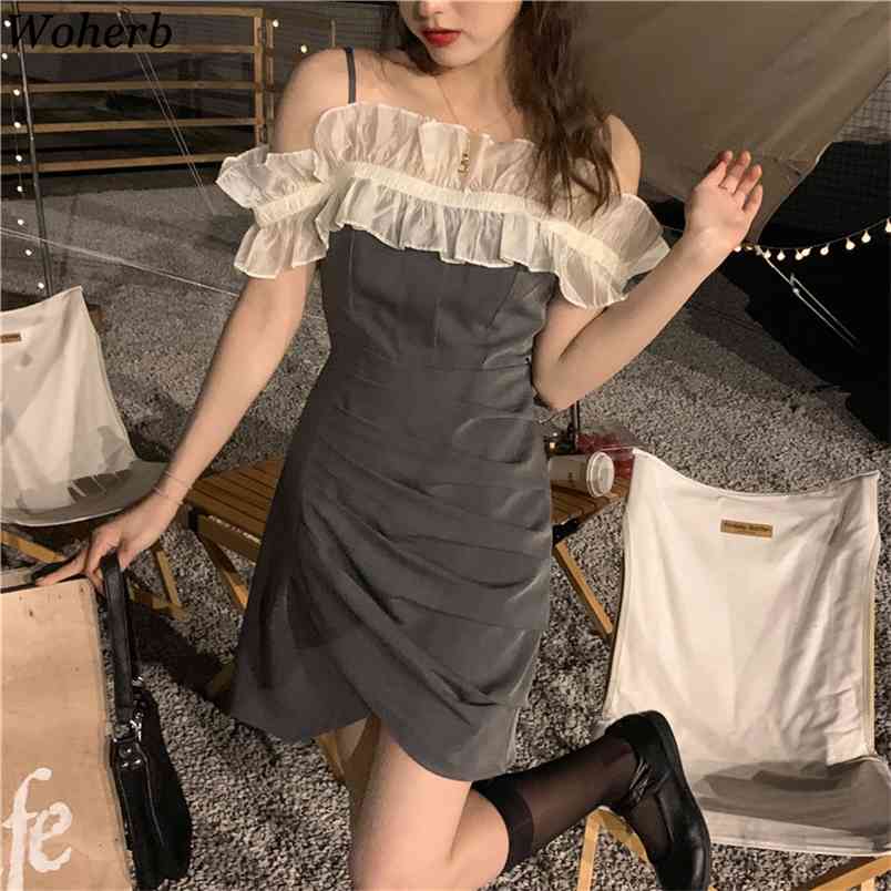 

Vintage Summer Mini Dress Women Slash Neck Slim Pleated Vestidos Korean Ruffles Patchwork Sexy Spaghetti Strap Dresses 210519, Gray