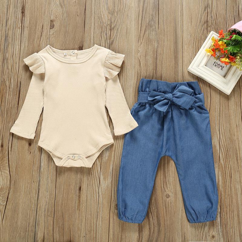 

Clothing Sets TELOTUNY 2021 Born Kids Baby Girls Outfits Solid Long Sleeve Ruffles Romper Bodysuit+Denim Pants Jeans Set, Khaki