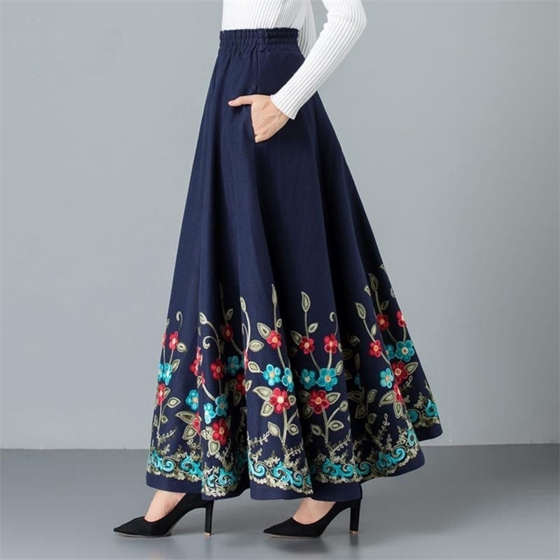 

Mom elegant Embroidered Maxi pleated skirt Women Plus Size Winter Warm Woolen Long Skirt Lady High Waist Casual Wool Office saia 211109, Red