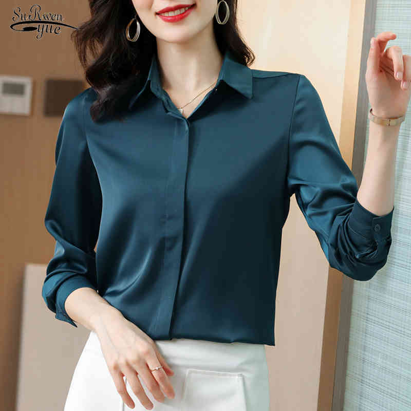 

Spring Silk Shirt Office Lady Plus Size Solid Tops Casual Blouse Full Sleeve Turn-down Collar Satin Loose Women Sihrts 12793 210521, Gray