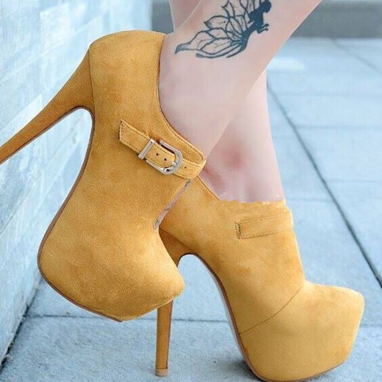 

Handmade Women Stiletto High Heel Classic Dress Shoes Sexy Platform Buckle Deco Round-Toe Large Size 35-47 Evening Daily Wear Fashion Court Pumps D698, Yellow