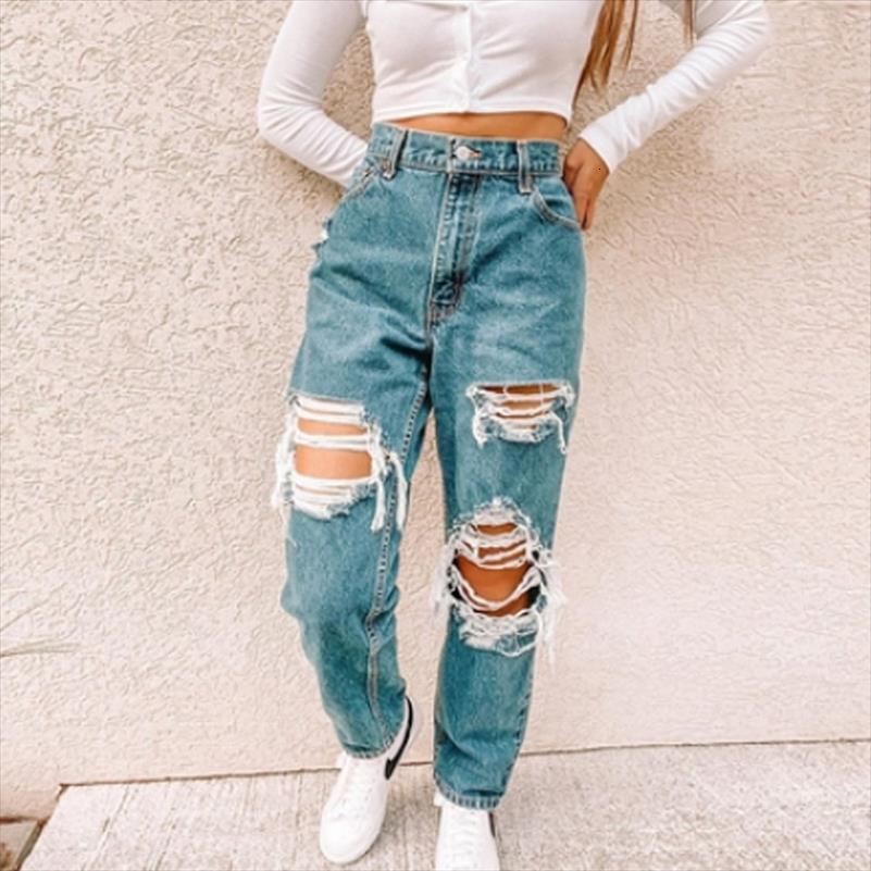 

high waist loose jeans clothes women capris casual blue denim streetwear ripped hole trousers lady fashion straight pants, Black;white