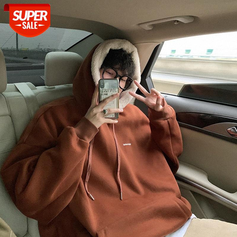 

INTFEDAY Hong Kong style plus velvet thick warm sweater men and women bf letter printing stitching lamb wool hoodie #hN4P, Black