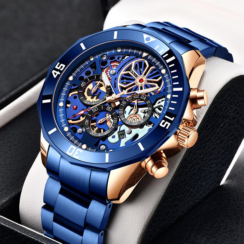 

Wristwatches LIGE Top Men Watch Fashion Creative Hollow Casual Waterproof Quartz Wrist Watches For Reloj Hombre, Gold black
