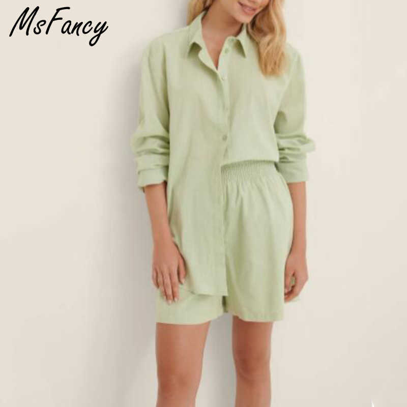 

Msfancy Summer Short Sets Women Green Long Sleeve Shirt 2 Pieces Sets Elastic Waist Shorts Casual Pajamas 210604