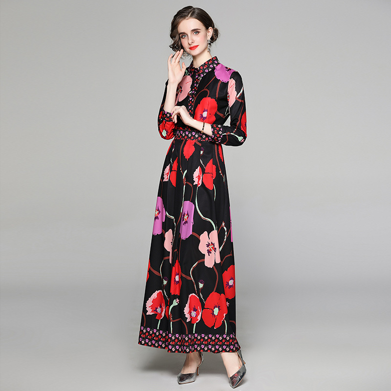 

Luxury Ladies Floral Runway Maxi Dresses Long Sleeve Printed Slim Fit Stylish Prom A-Line Pleated Dress Business Party Office Spring Autumn, Black;gray