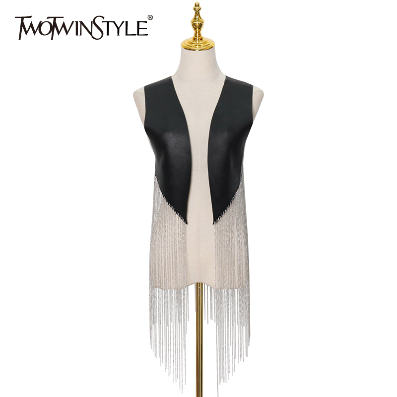 

Casual Patchwork Metal Chain Coat For Women V Neck Sleeveless Straight Korean Coats Females Spring Fashion 210524, Black