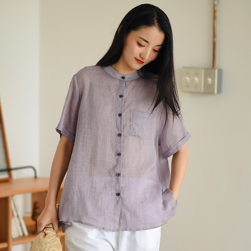 

Johnature Women Vintage Summershirts Solid Color Tops Button Stand Short Sleeve Blouses Ramie Shirts Female Clothes 210521, Sky blue