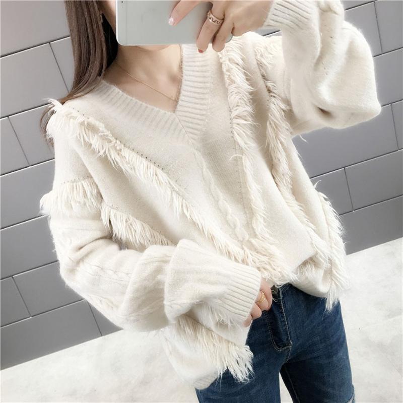 

Autumn Winter Womens Sweater Korean Fashion Knitted Tops Pullover Women Clothes Long Sleeve Loose Solid Basic Jumper Swetry Dams, Beige
