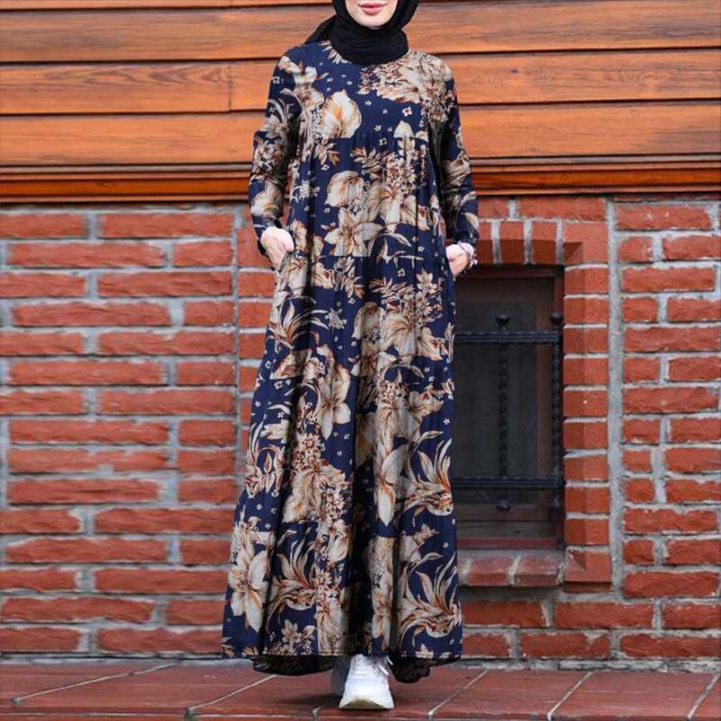 

vintage floral printed dubai women dress abaya turkey hijab autumn long sleeve maxi sundress retro kaftan muslim vestido, Black;gray