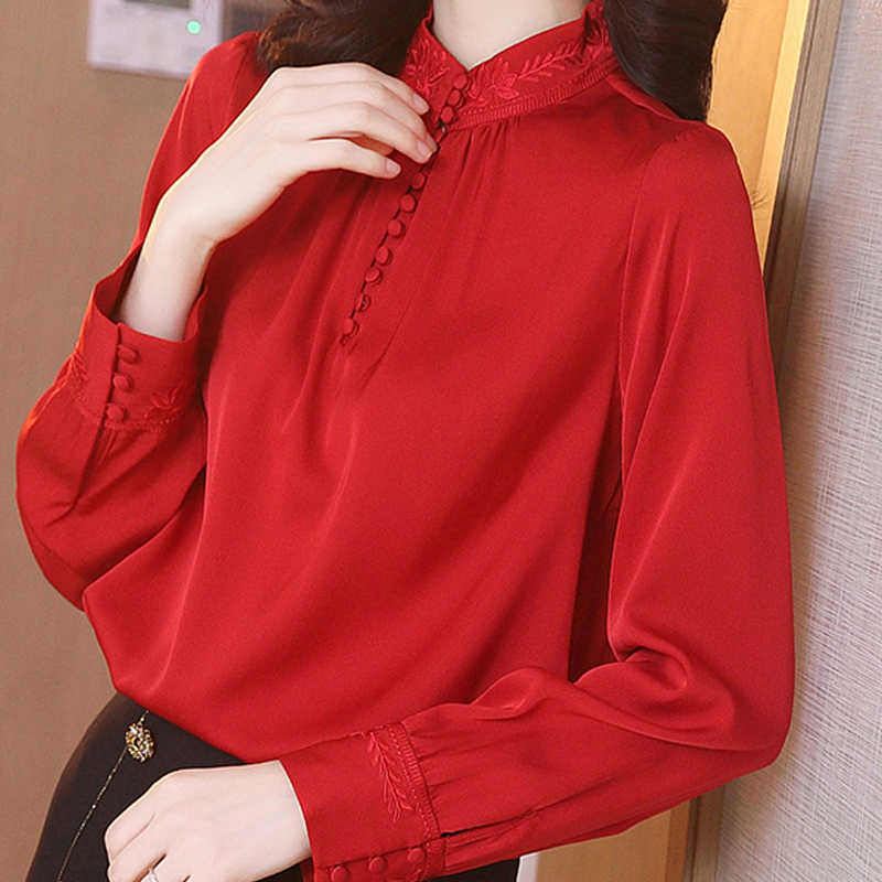 

Long Sleeve Blouse Women Blusas Mujer De Moda Embroidery Stand Collar Chiffon Blouse Shirt Tops Women Blouse Blusa E192 210602, Red